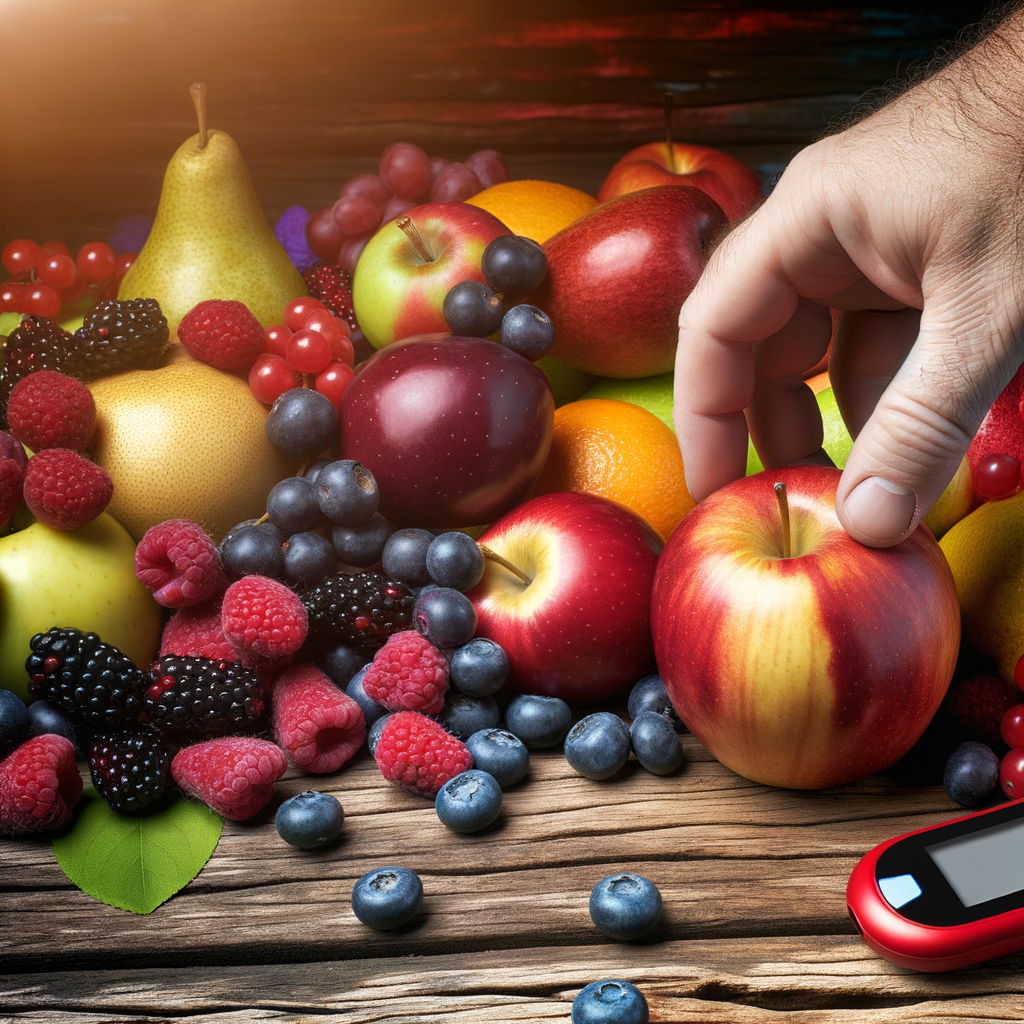 A vibrant, visually appealing assortment of whole fruits arranged on a wooden table, with a person's hand reaching for a fresh apple.