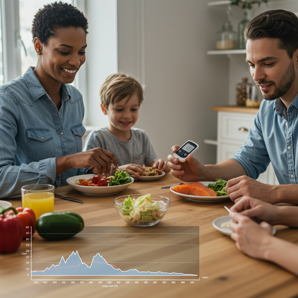 A diverse family enjoying a balanced meal together at a dining table with fresh vegetables, lean proteins, and whole grains visible. One person is discreetly checking their glucose monitor with a subtle smile, demonstrating mindful eating. A small, non-intrusive graph overlay shows a gentle glucose curve after a balanced meal, highlighting the concept of post-meal response in a positive, educational context.