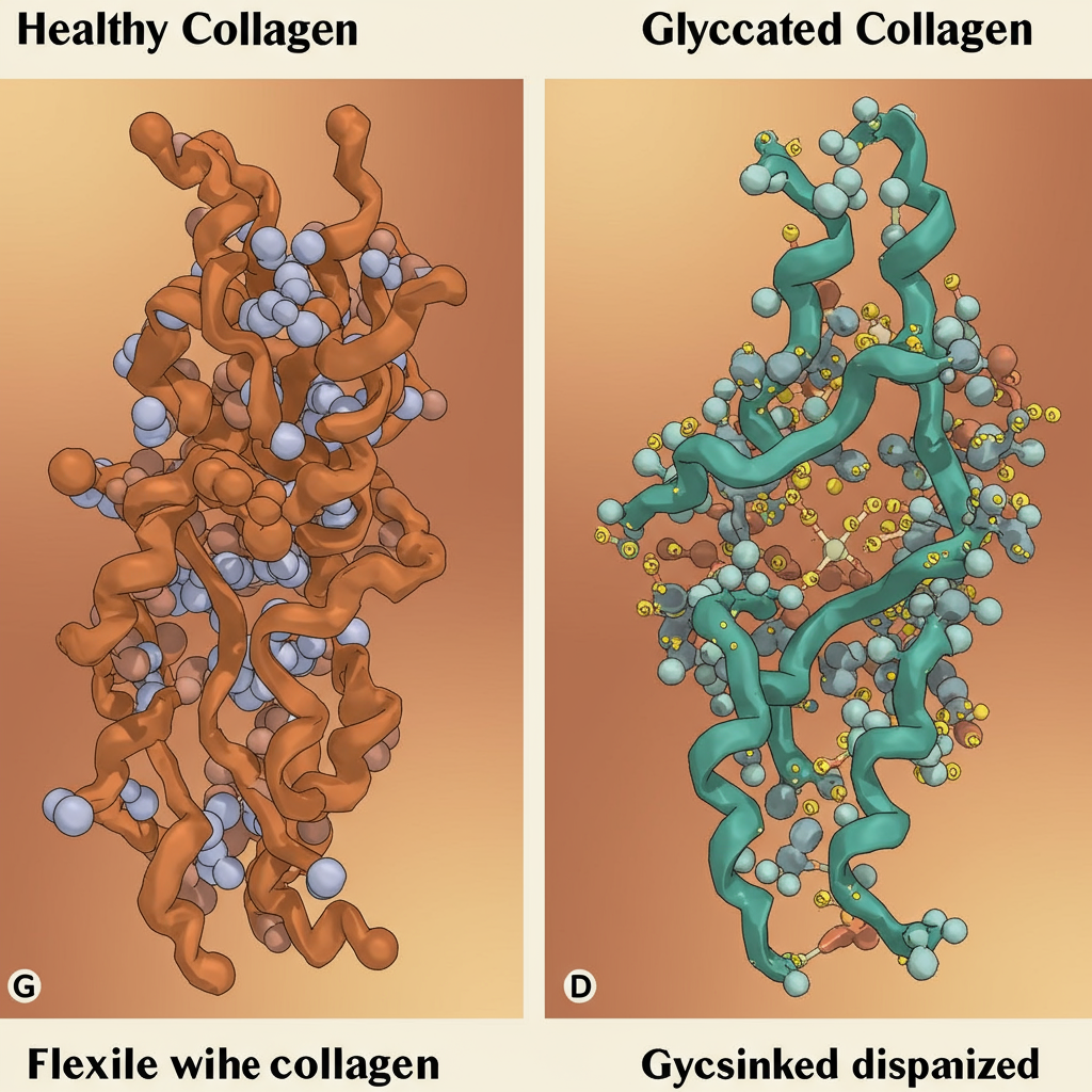 A split-screen illustration showing healthy collagen proteins on the left (flexible, well-organized fibers) versus glycated collagen on the right (stiff, crosslinked, and disorganized), with small glucose molecules visibly attached to the proteins. The image uses warm colors and a clear, educational style that helps visualize the molecular process described in the text without being clinical or intimidating.