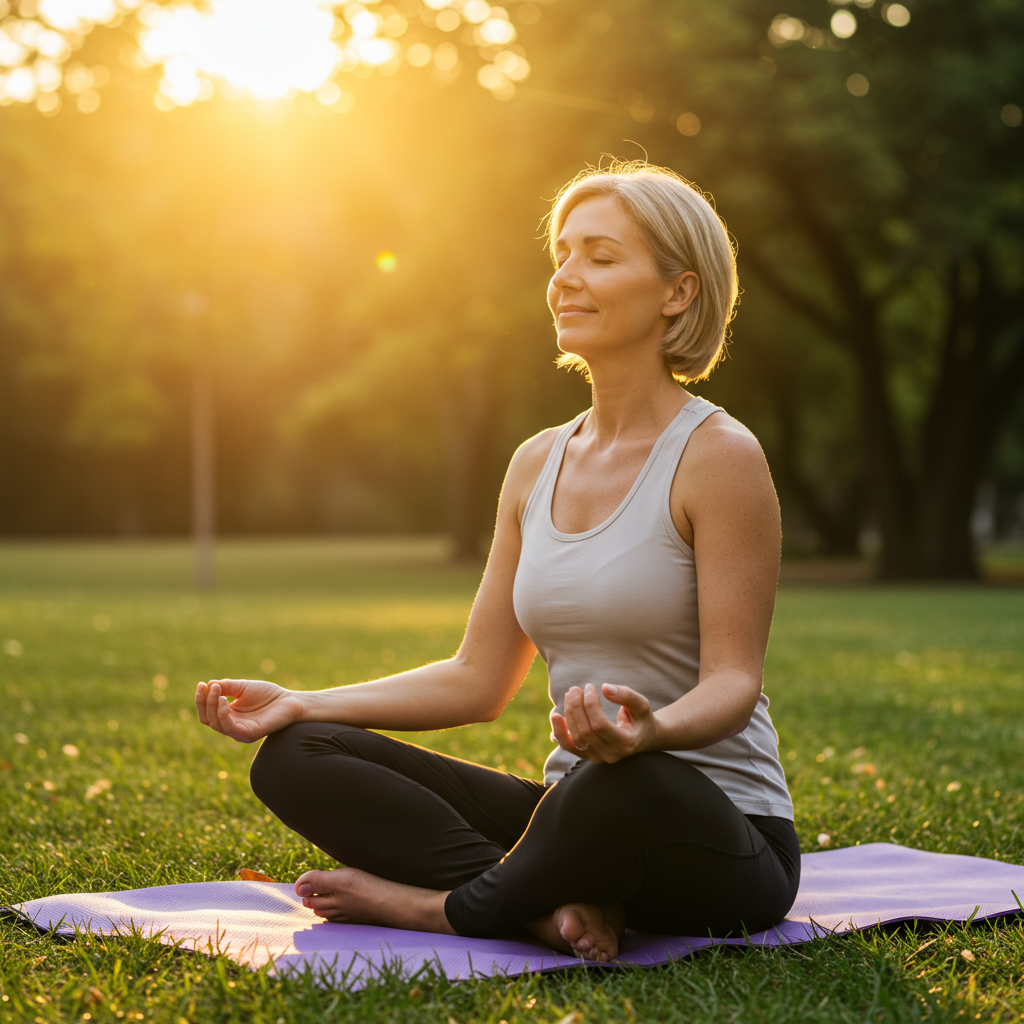 A serene woman in her 40s practicing a breathing exercise outdoors in a park at sunrise. She's sitting cross-legged on a yoga mat with her eyes closed, hands resting on her knees, with a gentle smile suggesting peace. The morning sunlight creates a warm glow around her, visually connecting two of the recommended strategies: breathwork and morning sunlight exposure for better glucose regulation.
