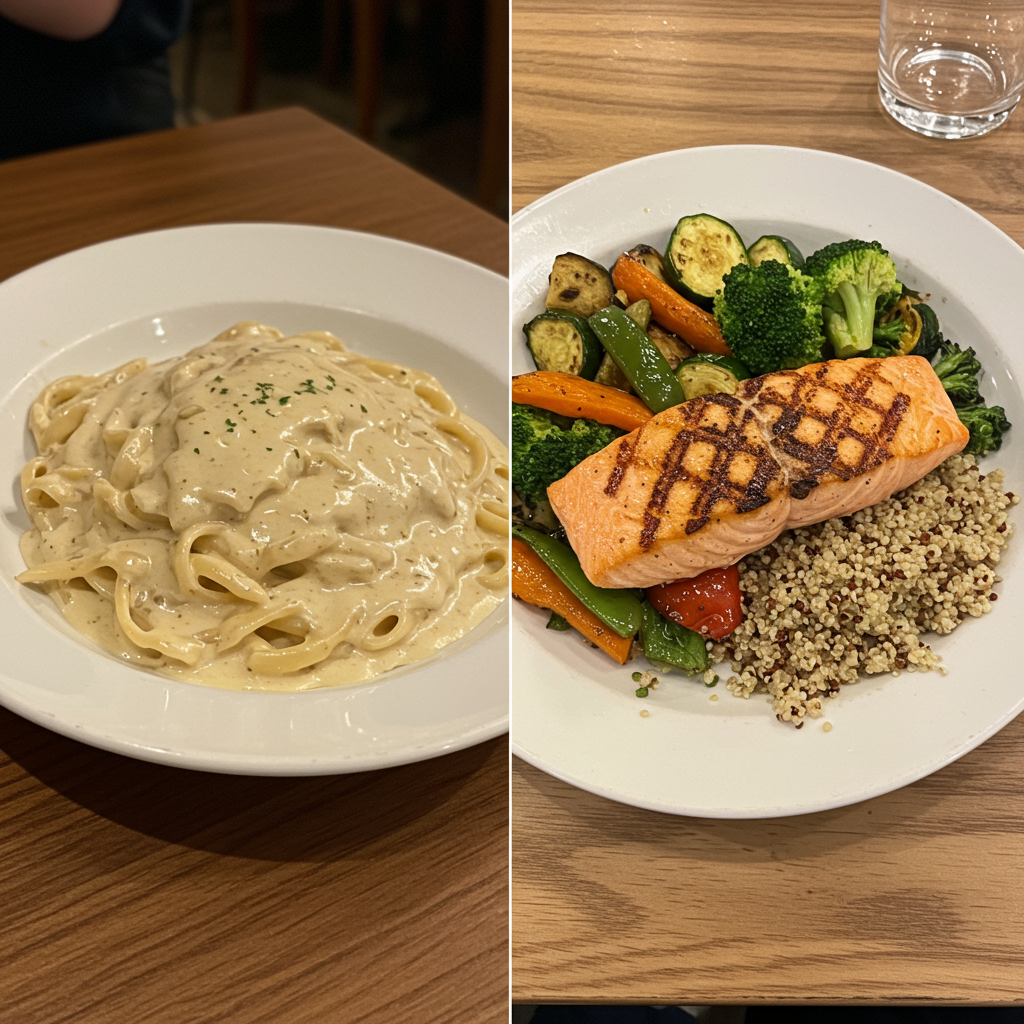 A split-screen image showing two plates: on the left, an oversized restaurant pasta dish with creamy sauce overflowing the plate; on the right, a properly portioned meal following the plate method with grilled salmon, roasted vegetables, and a small portion of quinoa. The image should have warm, inviting colors and be photographed from a diner's perspective.
