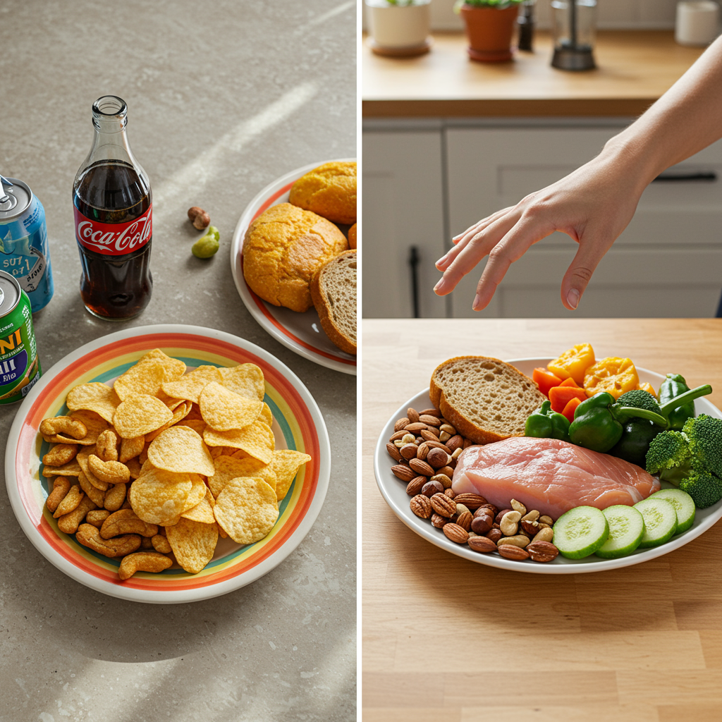 A side-by-side comparison showing a colorful plate of ultra-processed foods (chips, soda, packaged snacks) next to a vibrant plate of whole foods (vegetables, nuts, lean protein). A person's hand is reaching for the whole foods plate, suggesting a conscious choice being made. The scene is set in a warm, inviting kitchen with natural lighting, emphasizing the real-world decision many people face daily.
