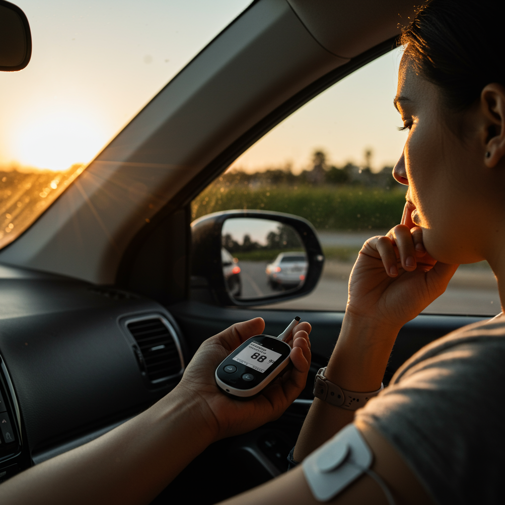 A person sitting in traffic looking stressed while checking a continuous glucose monitor on their arm. The car dashboard shows the time during rush hour, and a small graph on the glucose monitor displays an upward trend in blood sugar levels. The warm evening sunlight filters through the car window, highlighting the person's concerned expression as they navigate both traffic and their health management.