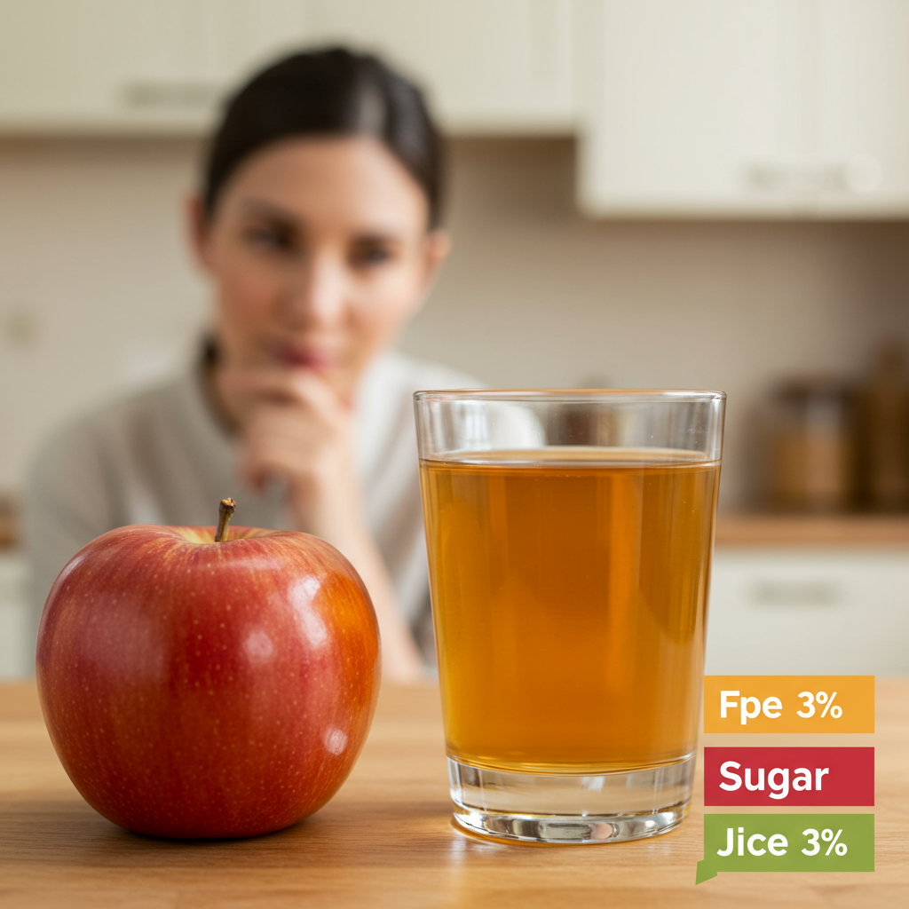 A side-by-side comparison showing a whole apple next to a glass of apple juice with a visual representation of sugar content. Perhaps a person in the background looking thoughtfully at both options in a warm kitchen setting. The image should convey choice rather than judgment, with natural lighting and inviting colors.