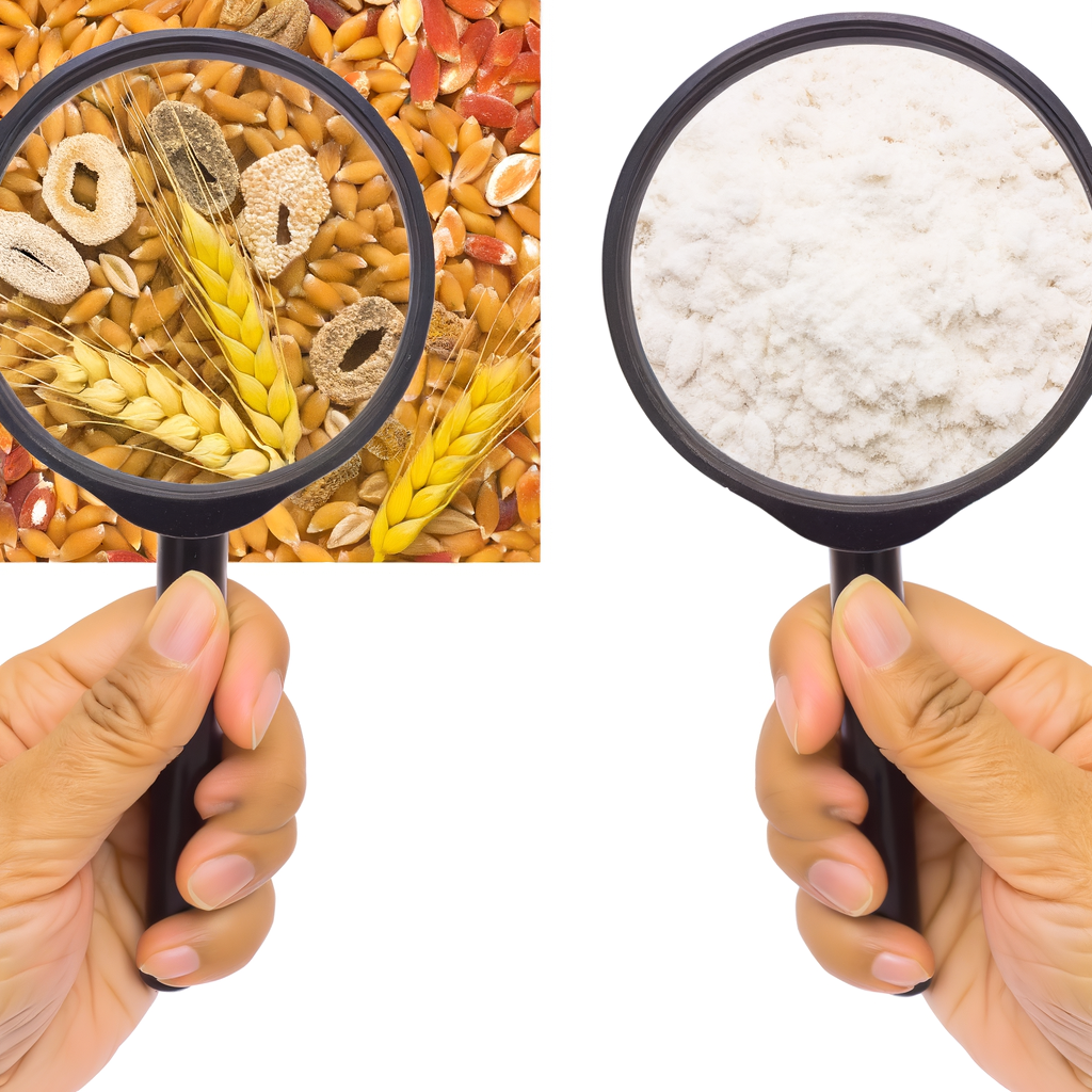 A side-by-side comparison showing whole grain wheat berries with visible bran, germ, and endosperm next to refined white flour. A hand could be holding a magnifying glass over the whole grain to highlight its intact components, illustrating what's lost during processing.