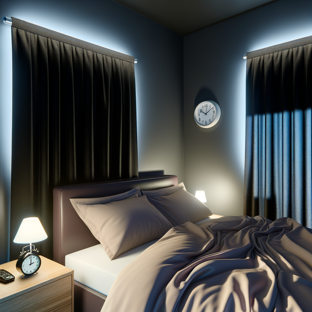 A serene bedroom setting optimized for quality sleep. Show a comfortable bed with quality bedding, blackout curtains partially drawn, minimal electronics, perhaps a small analog clock instead of a phone, and soft, warm lighting from a bedside lamp. The room should feel peaceful and inviting, emphasizing the importance of sleep environment in blood sugar management.