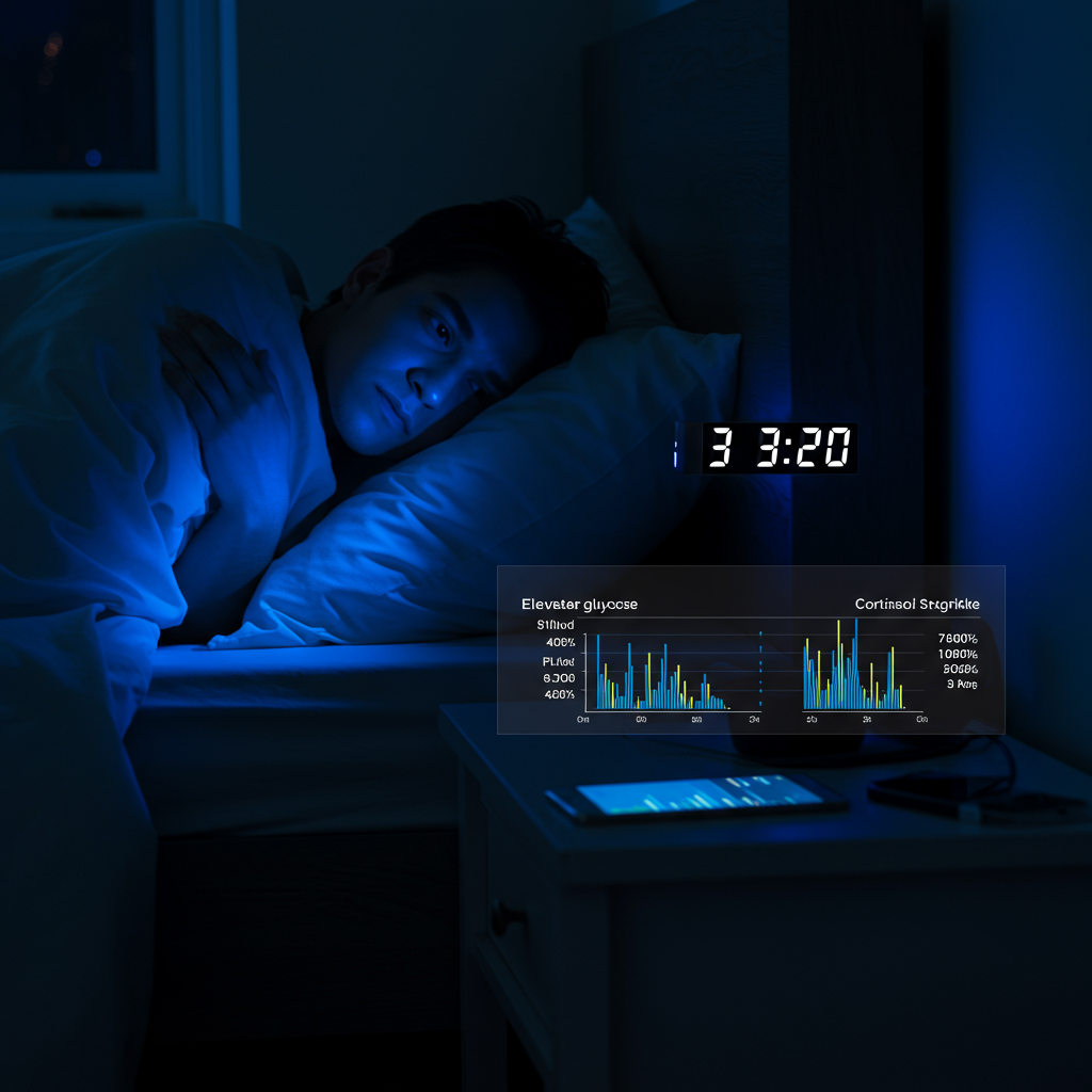 A person tossing and turning in bed at night with a digital clock showing 3:20 AM. Next to the bed is a small infographic showing elevated glucose levels and cortisol spikes. The room is dimly lit with blue light from a smartphone on the nightstand, illustrating the sleep disruption that affects glucose metabolism.
