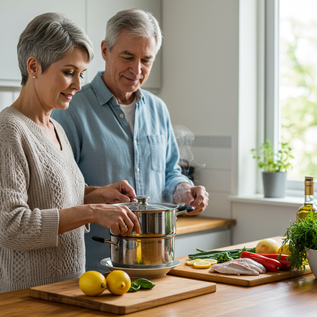 A serene kitchen scene with a middle-aged couple preparing a healthy meal together. They're steaming vegetables and poaching fish instead of frying or grilling, with fresh herbs and lemon wedges visible on a wooden cutting board. Soft natural lighting streams through the window, creating a warm and inviting atmosphere that emphasizes the positive lifestyle choices discussed in the article.