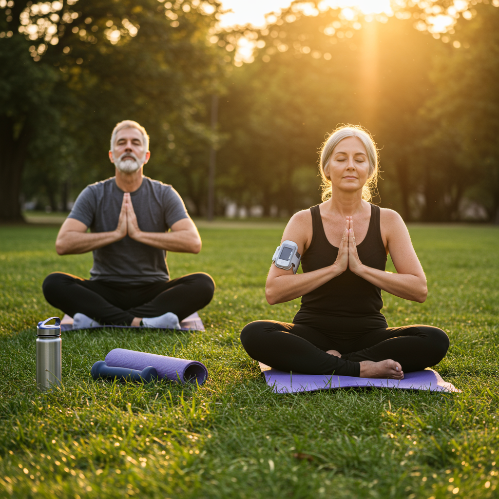 A serene outdoor scene showing an active older couple (50s-60s) practicing gentle yoga in a park during golden hour sunlight. One person is wearing visible diabetic management technology (like an insulin pump or CGM). They appear peaceful and engaged in their practice, surrounded by nature. A water bottle, comfortable exercise mat, and a smart watch for tracking activity are visible nearby, representing the integration of movement and stress reduction into daily life.