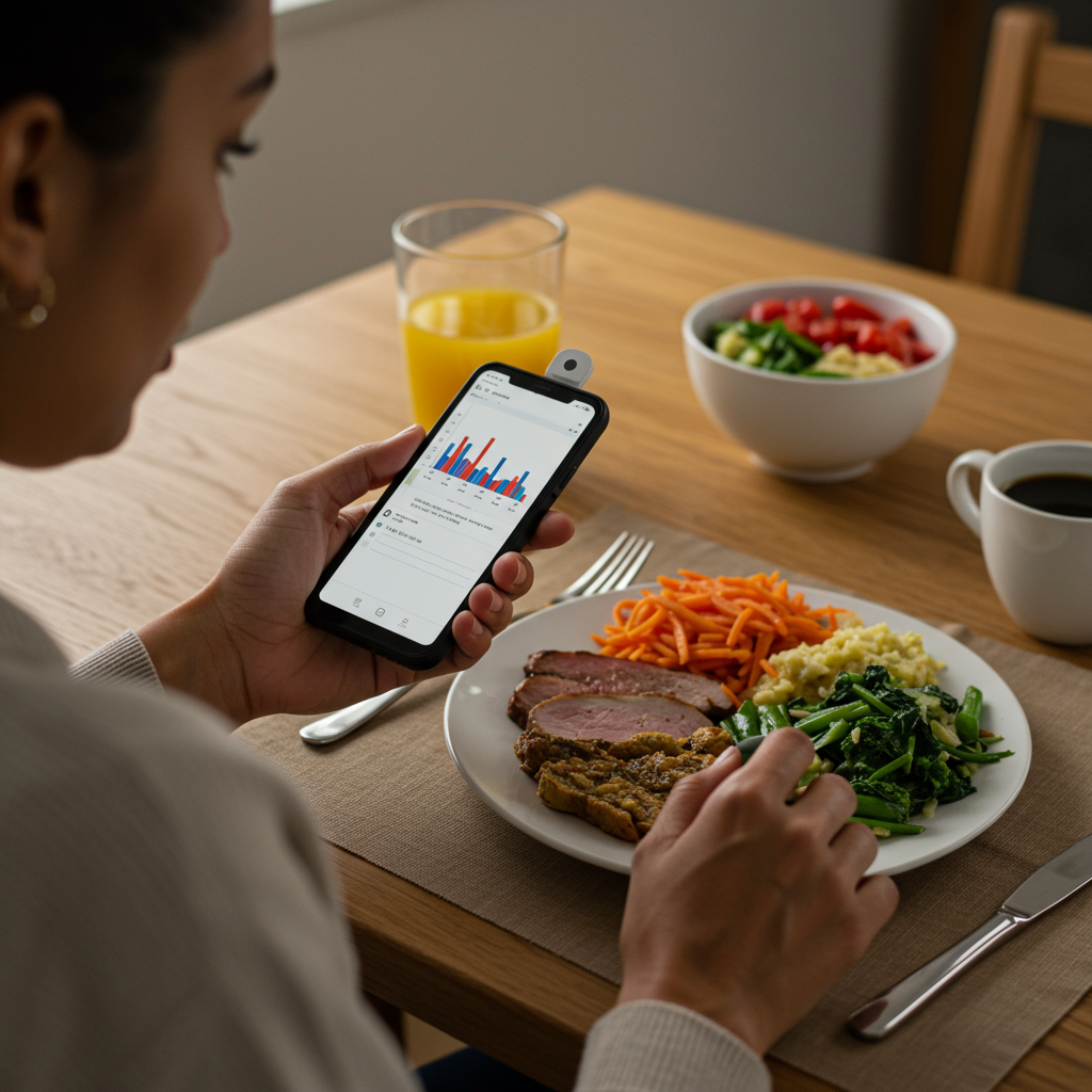 A person checking their continuous glucose monitor while sitting at a dinner table with a varied meal in front of them. The meal shows a balanced plate with proteins, vegetables, and a small portion of whole grains. The person has a thoughtful expression as they review their glucose data on their smartphone, illustrating the concept of monitoring personal glucose responses to different foods.