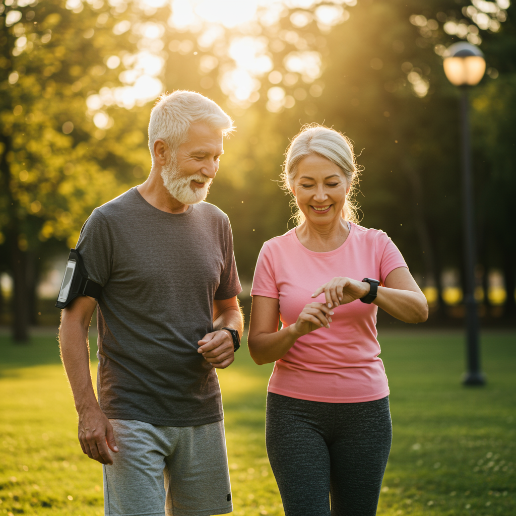 An active senior couple in their 60s enjoying an outdoor walk in a park during golden hour sunlight. They appear vibrant and healthy, dressed in casual athletic wear, perhaps checking a fitness tracker or smartwatch that might monitor health metrics. Their smiling faces and engaged conversation convey the positive message that aging well is possible through the strategies outlined in the article.