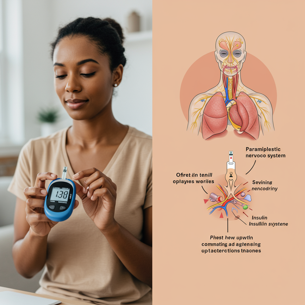 A split-screen image showing the physiological effects of mindfulness: on the left, a person with diabetes checking their glucose meter with a calm expression; on the right, a simplified anatomical illustration showing how the parasympathetic nervous system affects insulin sensitivity. The image has a clean, educational aesthetic with warm colors and clear visual elements that make the science accessible.