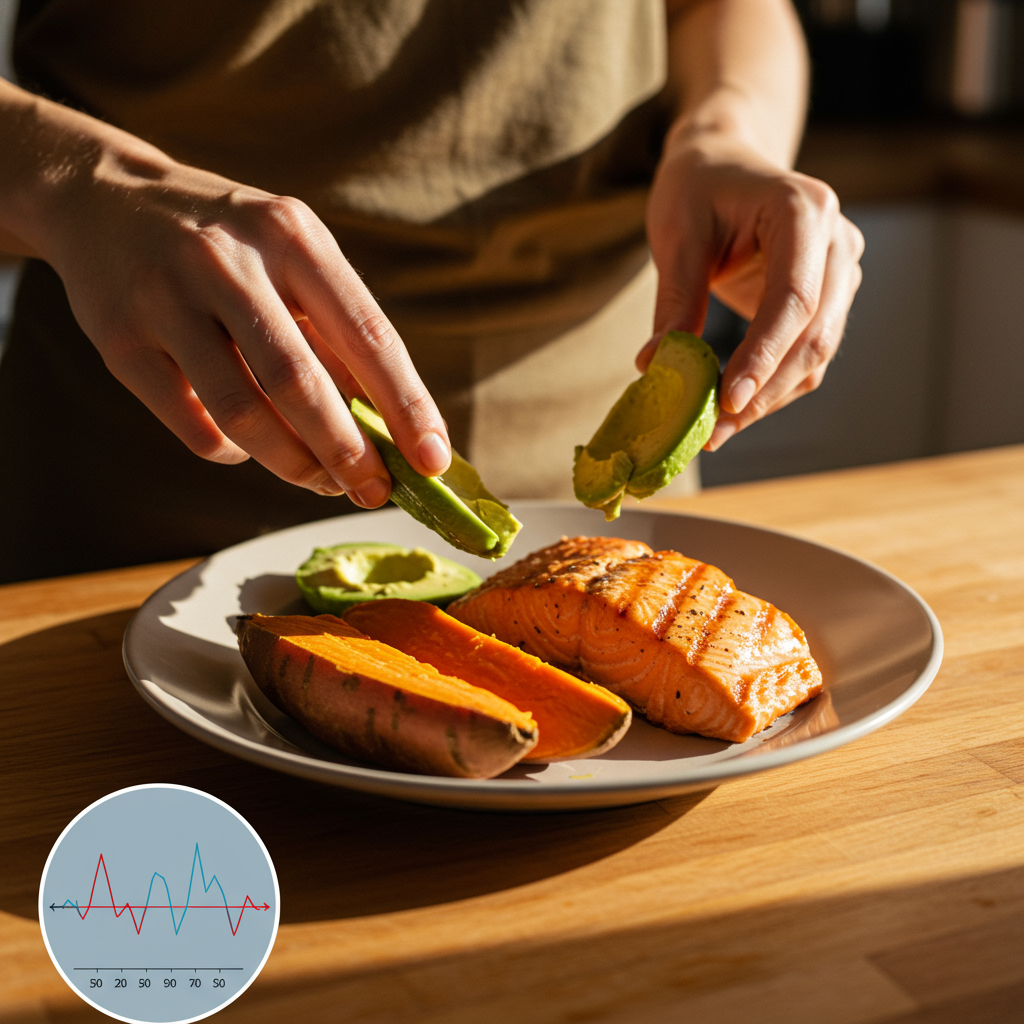 A warm, sunlit kitchen scene showing a person assembling a balanced meal. They're adding sliced avocado and grilled salmon to a plate that already contains a vibrant sweet potato. The person appears relaxed and purposeful, demonstrating the art of combining proteins, healthy fats, and complex carbohydrates. A small inset graphic could subtly illustrate how this combination slows glucose absorption, with gentle waves rather than sharp spikes.