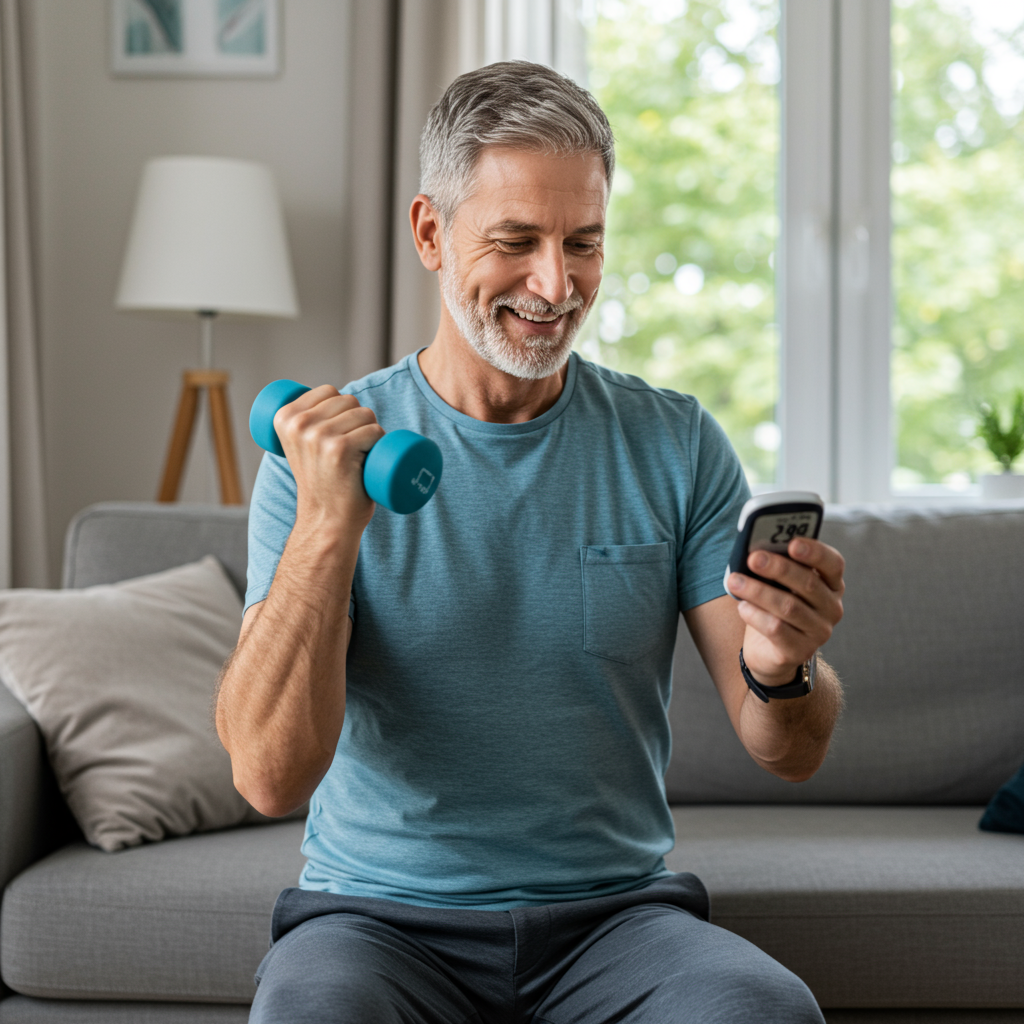A middle-aged man in his 50s performing a gentle resistance exercise in his living room using household items (like water bottles as weights). He's smiling with a sense of accomplishment while checking his glucose monitor that shows improved numbers. The setting is a normal home environment with natural lighting, demonstrating that exercise can be integrated into everyday life without special equipment or facilities.