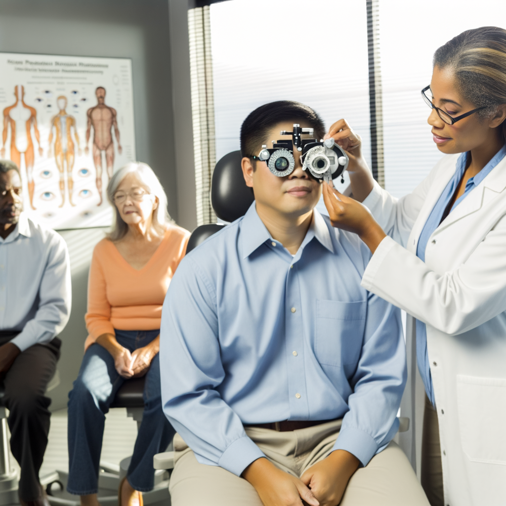 A diverse group of adults (mid-30s to 60s) in an ophthalmologist's office. A friendly eye doctor is performing a dilated eye exam on a patient, while displaying educational eye models to explain diabetic retinopathy prevention. The atmosphere is bright and reassuring, with patients appearing engaged and proactive about their eye health.