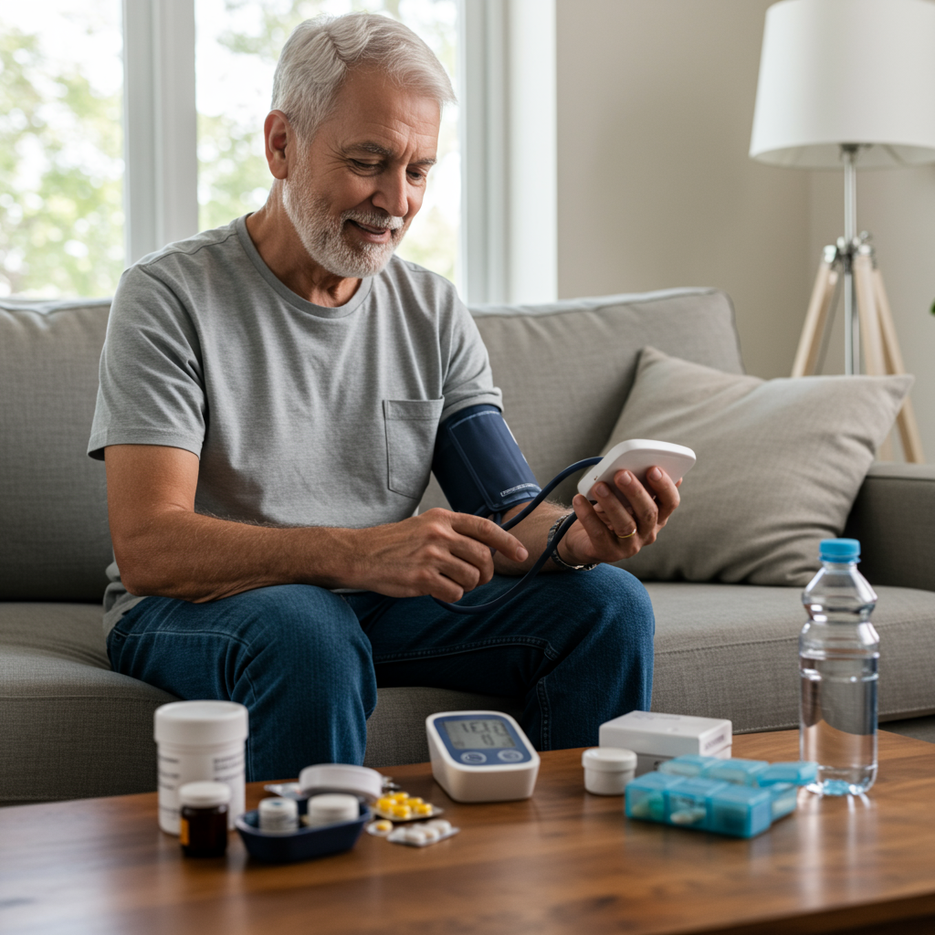 An older adult with diabetes checking their blood pressure at home