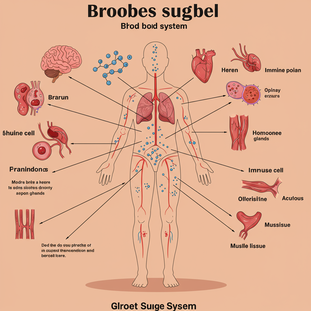 An infographic showing a human silhouette with key body systems highlighted – brain, heart, immune cells, hormone-producing glands, and muscle tissue – with simple, clear arrows connecting these systems to a central blood vessel containing glucose molecules. The image should have a clean, educational appearance with warm colors and should illustrate the whole-body impact of blood sugar in a non-threatening, informative way.
