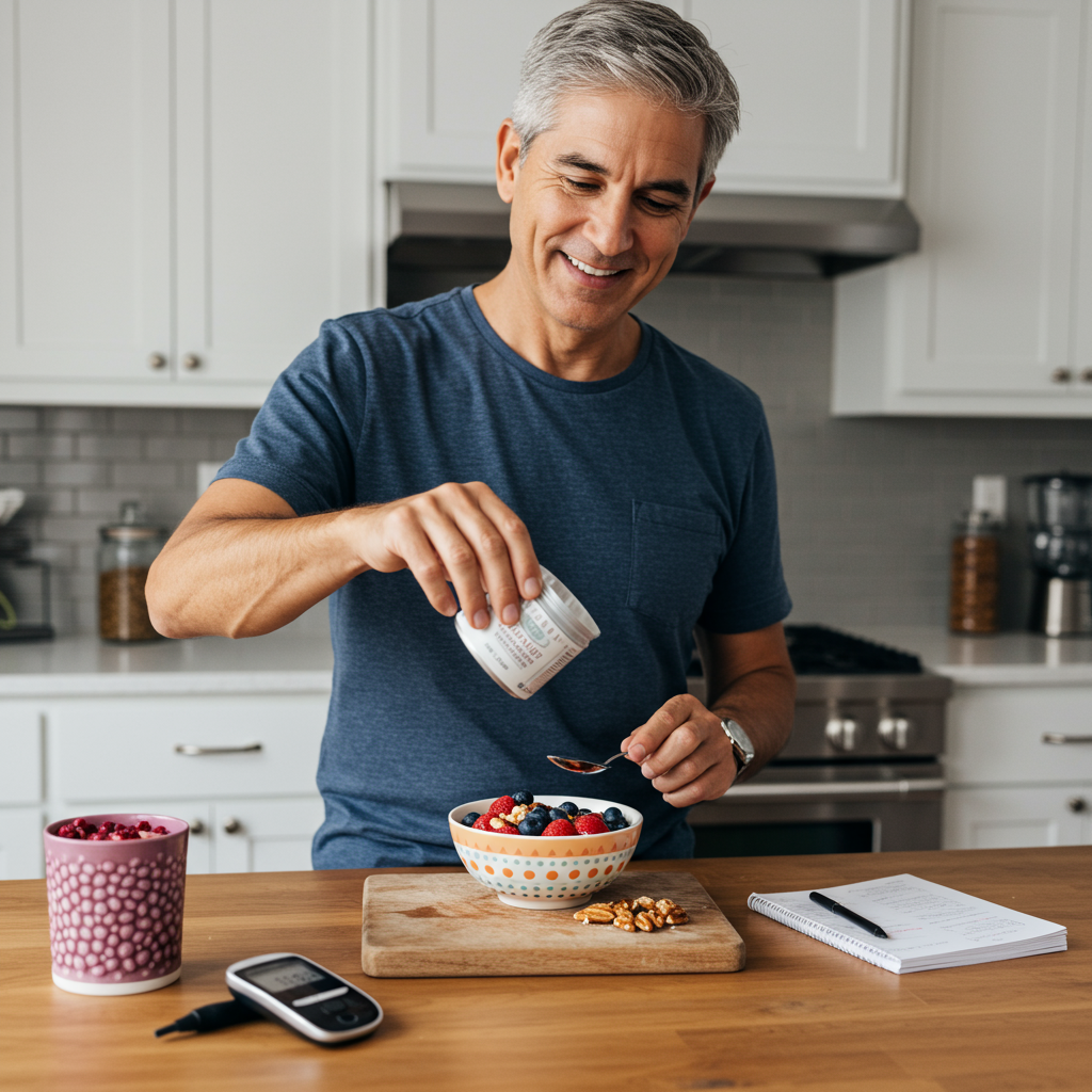 A middle-aged person with a warm smile preparing a healthy meal in a modern kitchen. They're adding a small amount of monk fruit sweetener to a colorful breakfast bowl containing fresh berries, nuts, and yogurt. On the counter nearby is a continuous glucose monitor reader and a food journal, suggesting mindful monitoring of blood sugar responses. The scene conveys balance and informed dietary choices rather than complete avoidance of sweeteners.