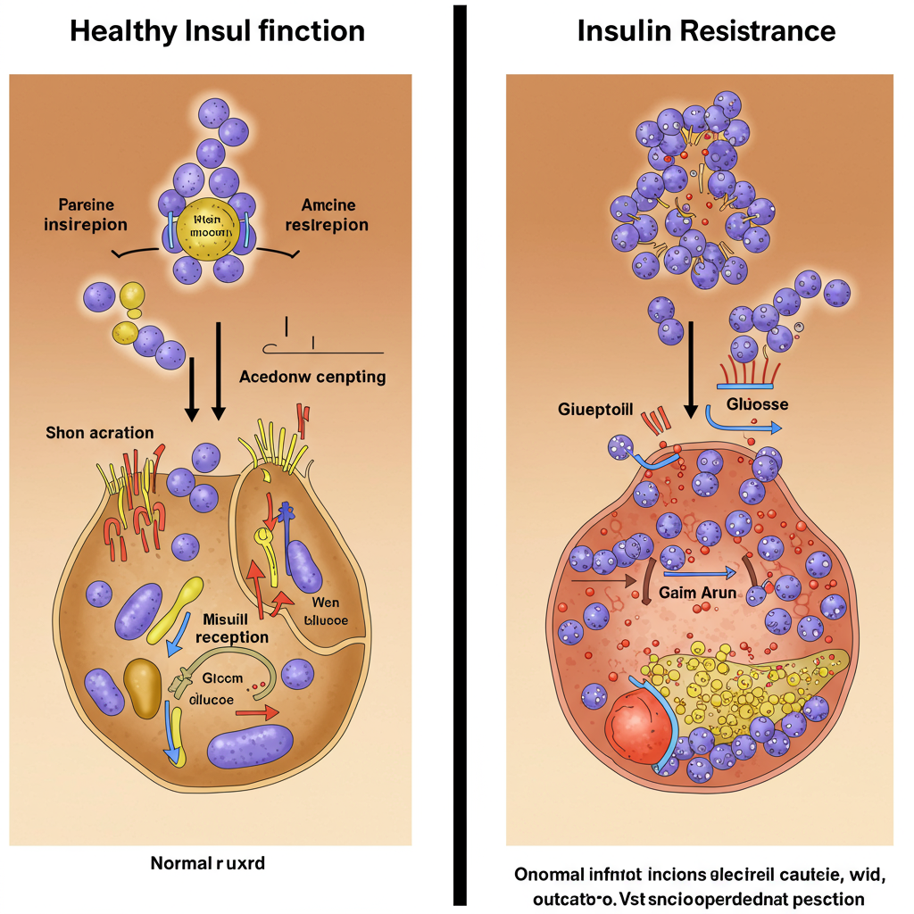 A side-by-side comparison showing healthy insulin function versus insulin resistance. On the left, a simplified illustration of a normal cell with insulin receptors easily binding insulin and allowing glucose to enter. On the right, a cell showing insulin resistance with multiple insulin molecules unable to properly bind to receptors, and glucose accumulating outside the cell. The image uses warm colors and a clean, educational style that makes the complex process accessible to readers.