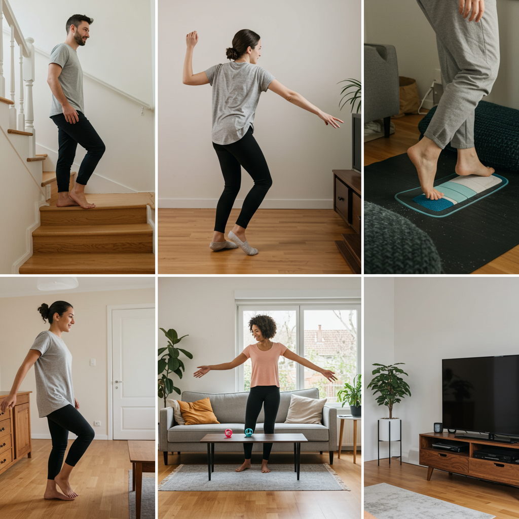 A montage of indoor walking alternatives: a person walking up and down stairs in their home, another gently dancing to music in their living room, and a third walking in place while watching TV. The image shows regular people in comfortable clothes in cozy home environments, emphasizing that movement doesn't require special equipment or going outdoors.