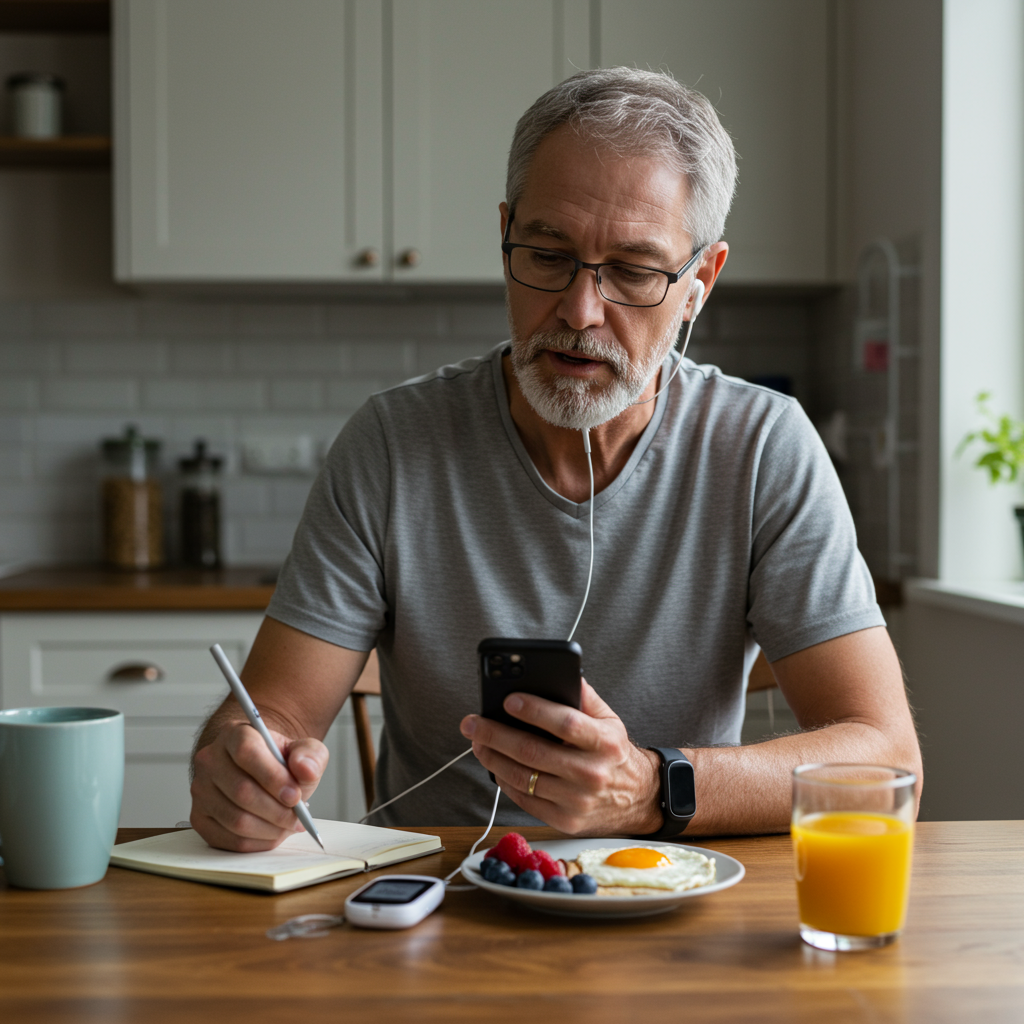 A middle-aged person sitting comfortably at their kitchen table in morning light, reviewing their glucose data on a smartphone connected to a continuous glucose monitoring device. They appear engaged and empowered, perhaps making notes in a small journal while enjoying a balanced breakfast of eggs, whole grain toast, and fresh berries. A fitness tracker is visible on their wrist, suggesting an integrated approach to health management.