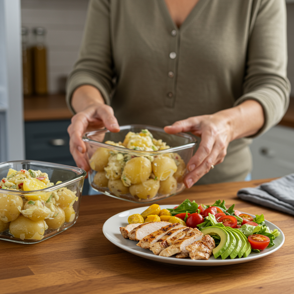 A warm, inviting kitchen scene where a middle-aged person is preparing a healthy meal centered around properly prepared potatoes. They're removing a glass container of chilled boiled potatoes from the refrigerator, while a plate nearby shows a balanced meal with a reasonable portion of potato salad alongside grilled chicken, avocado slices, and a colorful side salad. The person appears relaxed and confident in their food choices.