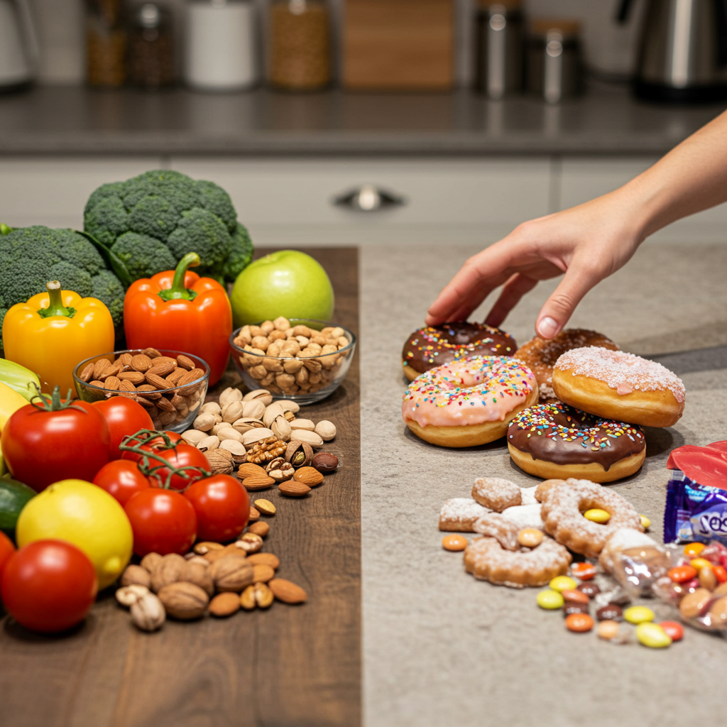 Person choosing between whole foods and processed sugary foods