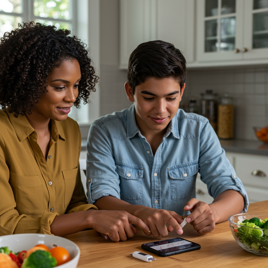 A diverse family group (parent and teen) sitting at a kitchen table, reviewing CGM data together on a smartphone app. They appear relaxed and engaged rather than anxious, pointing at trend lines on the screen rather than individual readings. A healthy meal is partially visible on the table, suggesting they're discussing mealtime patterns in a positive, collaborative way.