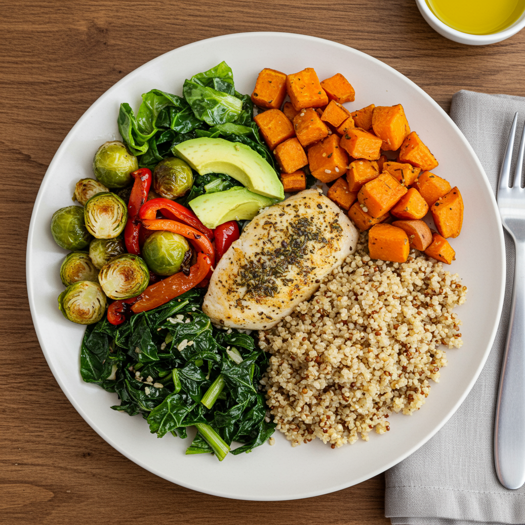 An overhead view of a beautifully arranged plate following the described proportions: half filled with colorful non-starchy vegetables (like roasted brussels sprouts, bell peppers, and leafy greens), one quarter with a protein source (such as a piece of herb-seasoned chicken or fish), and one quarter with a complex carbohydrate (like quinoa or sweet potato). A small dish of olive oil or sliced avocado represents the healthy fat component. The plate should be on a natural surface like a wooden table, with perhaps a fork and napkin suggesting it's ready to be enjoyed.