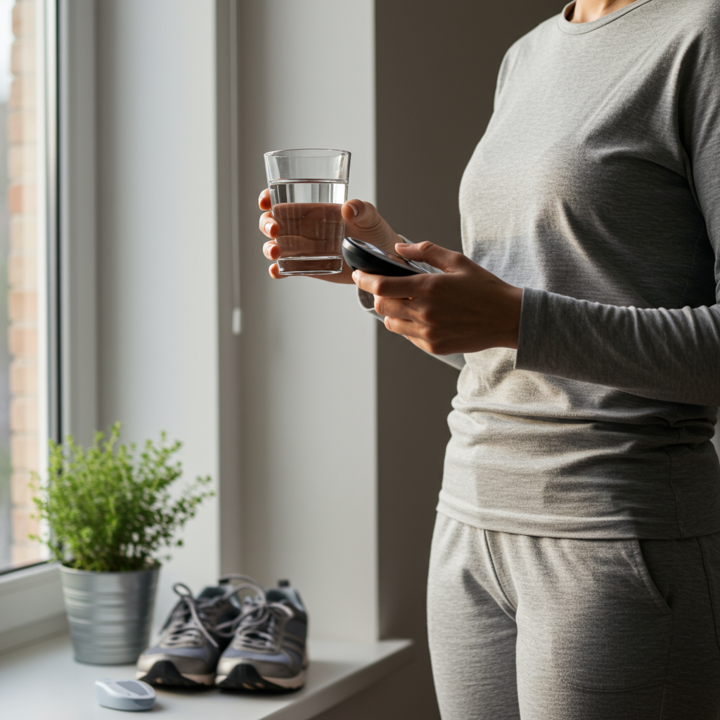 A person in comfortable clothing standing in morning sunlight by a window, holding a glass of water in one hand and checking a glucose monitor with the other. Their expression is calm and focused, depicting the 'cue, routine, reward' habit loop in action. A small potted plant and a pair of walking shoes visible nearby suggest readiness for the morning routine.