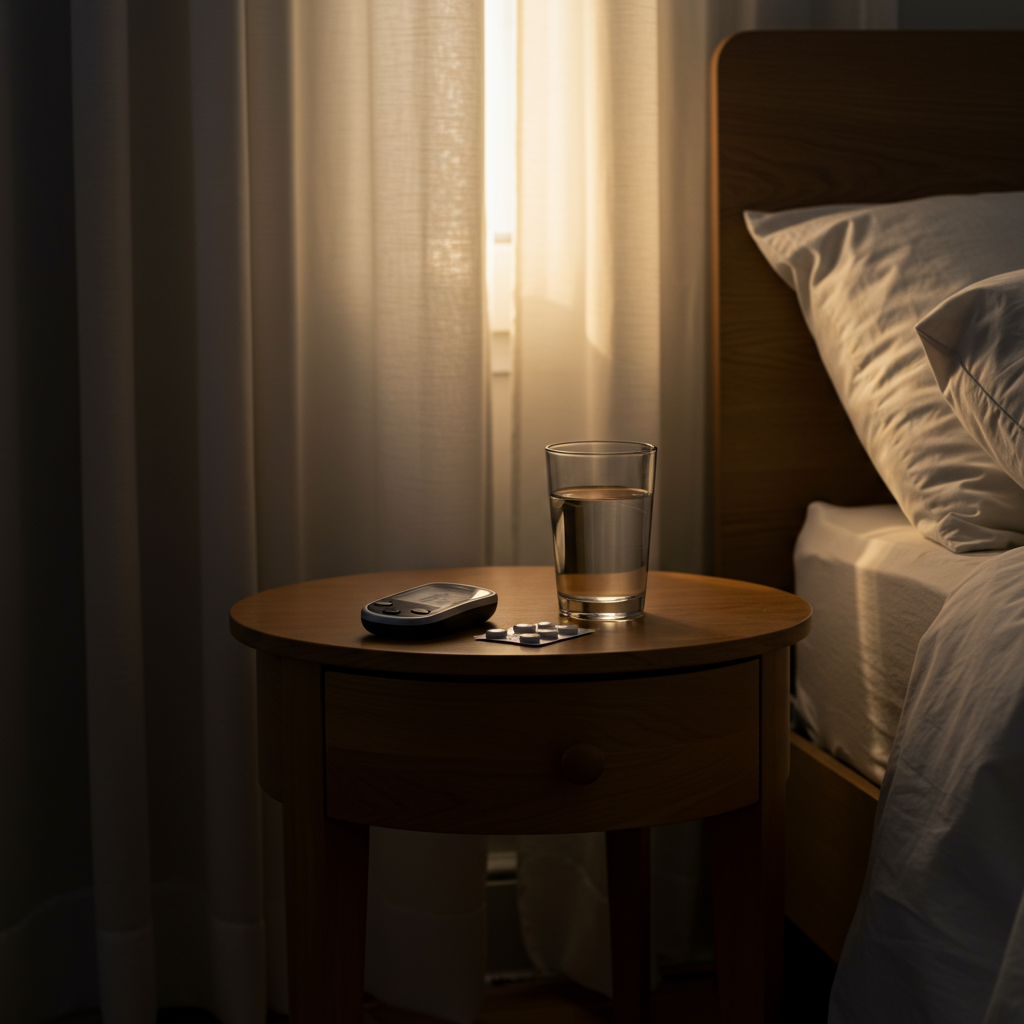 A serene bedroom scene during early morning hours (around 5-6 AM) with soft dawn light filtering through partially opened curtains. A bedside table displays a glucose monitor showing elevated numbers, while a glass of water and medication sit nearby. The warm lighting and calm atmosphere convey the natural morning transition when the dawn phenomenon occurs.