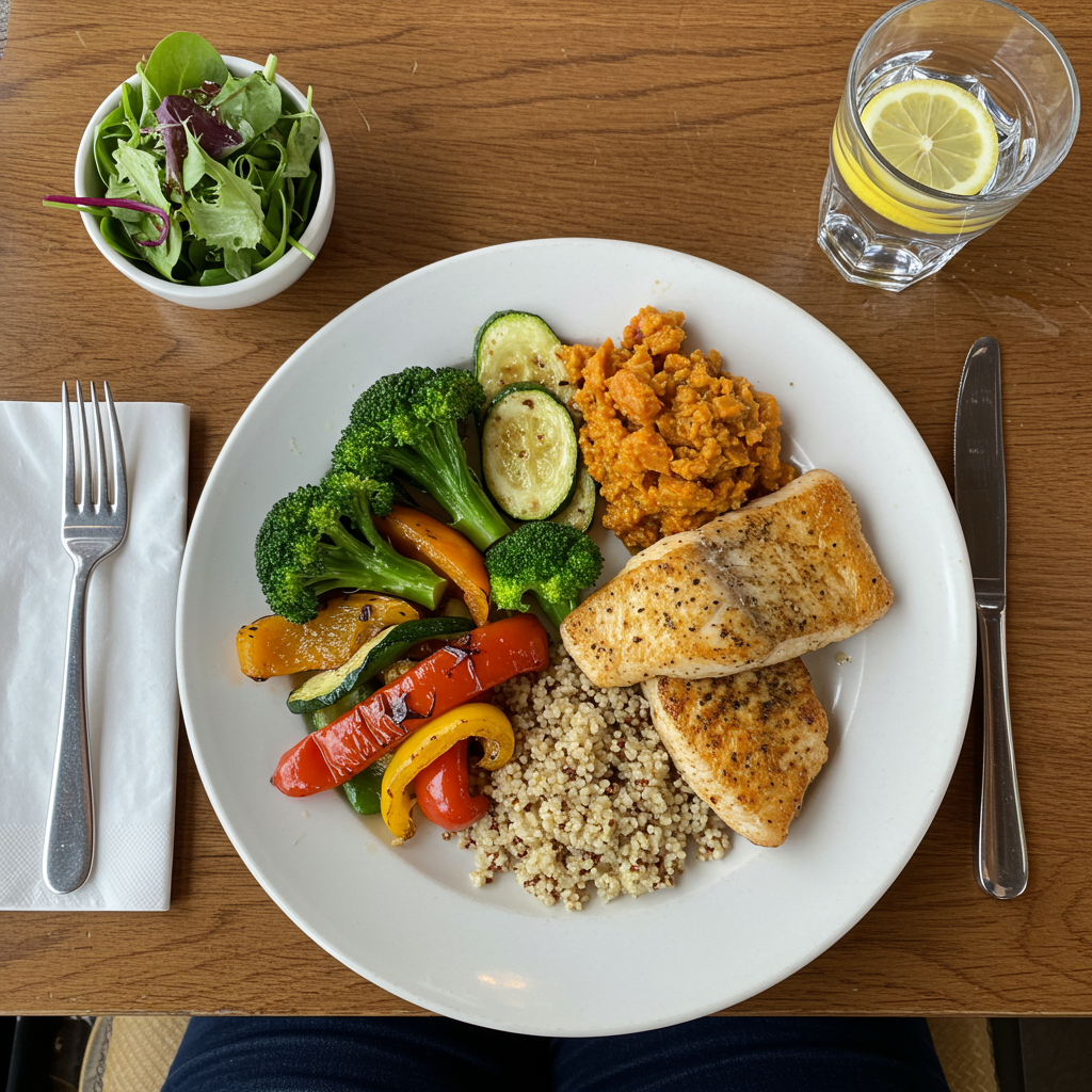 A top-down view of an attractive restaurant table setting with a well-composed plate following the plate method: half filled with colorful roasted vegetables (broccoli, bell peppers, zucchini), one quarter with a perfectly cooked piece of chicken or fish, and the remaining quarter with a small portion of sweet potato or quinoa. A glass of water with lemon and a small side salad complete the scene. The lighting should be warm and inviting, suggesting an enjoyable dining experience.