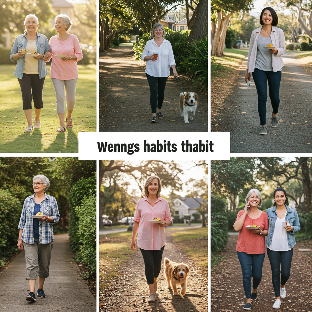 A diverse group of people (various ages and body types) taking relaxed post-meal walks in different settings - an older couple strolling through a neighborhood, a middle-aged person walking a dog, and a younger adult walking while on a phone call. The image conveys the accessibility and simplicity of this habit with warm, natural lighting.