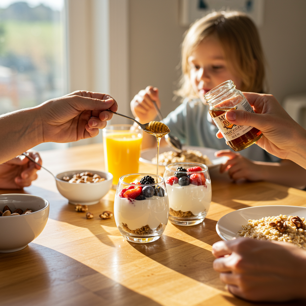 A family enjoying breakfast at a sunlit dining table. The scene shows a balanced meal with Greek yogurt parfaits containing a small drizzle of honey, fresh berries, and nuts. A person is using a teaspoon to add a modest amount of maple syrup to oatmeal, demonstrating mindful portioning. The image captures the concept of enjoying sweeteners in moderation as part of a complete meal.