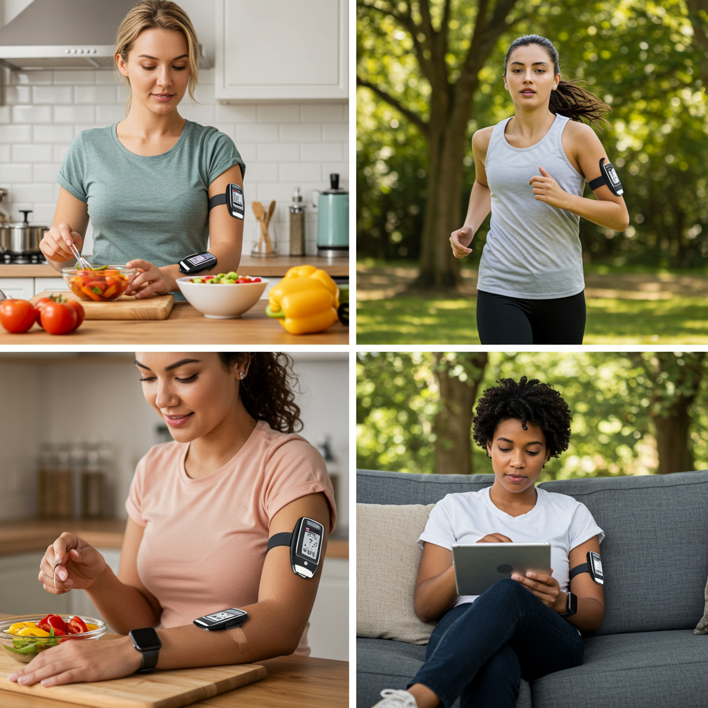 A diverse group of three people (varying ages and ethnicities) engaged in everyday activities while wearing CGM sensors on their arms - one preparing a colorful meal in the kitchen, another going for a jog in a park, and the third reviewing their glucose data on a tablet while relaxing on a couch. All appear comfortable and empowered rather than medicalized, with warm lighting and natural settings.
