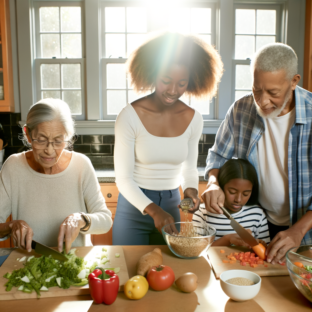 A diverse multi-generational family preparing a healthy meal together in a home kitchen. An older adult is chopping colorful vegetables while a middle-aged person is measuring a portion of whole grains, and a younger family member is setting the table. The kitchen should appear lived-in and realistic, with natural light streaming in through a window. This image represents both the hereditary nature of Type 2 diabetes risk and the importance of family-based approaches to healthy eating.
