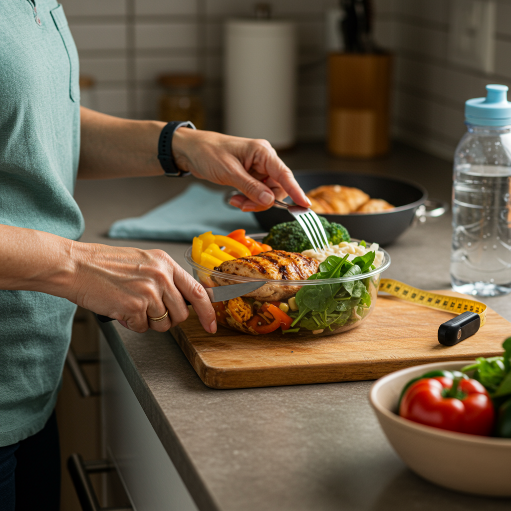 A person in their 50s preparing a balanced meal in a kitchen