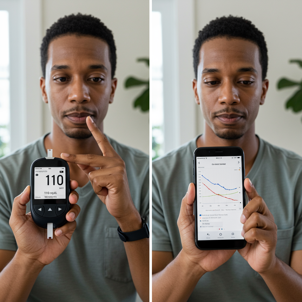 A split-screen comparison showing a person checking blood glucose with a traditional finger prick meter on the left (displaying a single reading of 110 mg/dL), and on the right, the same person reviewing a CGM graph on their smartphone showing a complete day's glucose curve with a noticeable spike to 175 mg/dL after breakfast. The person has a thoughtful expression as they compare the two methods in a comfortable home setting with natural lighting.