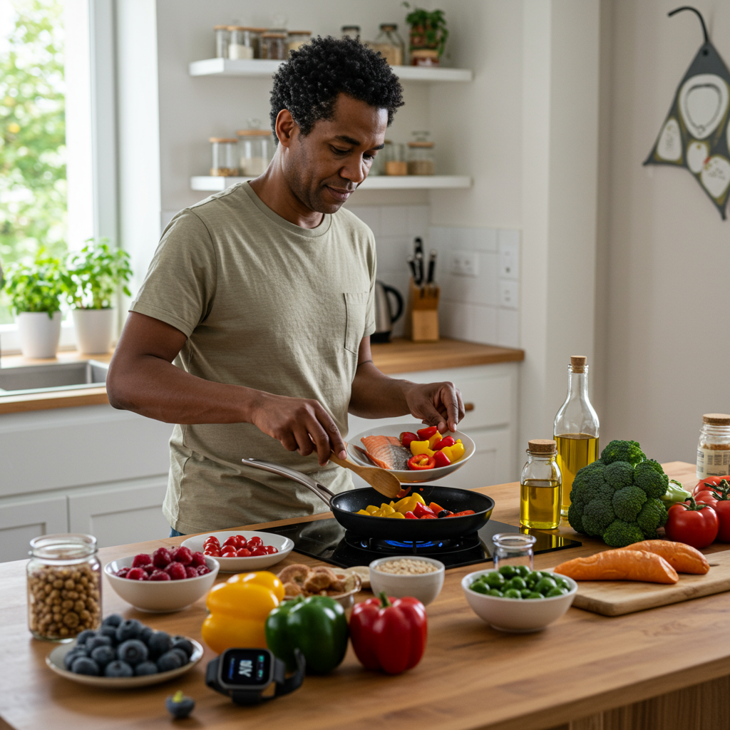 A serene image of a middle-aged person preparing an anti-inflammatory meal