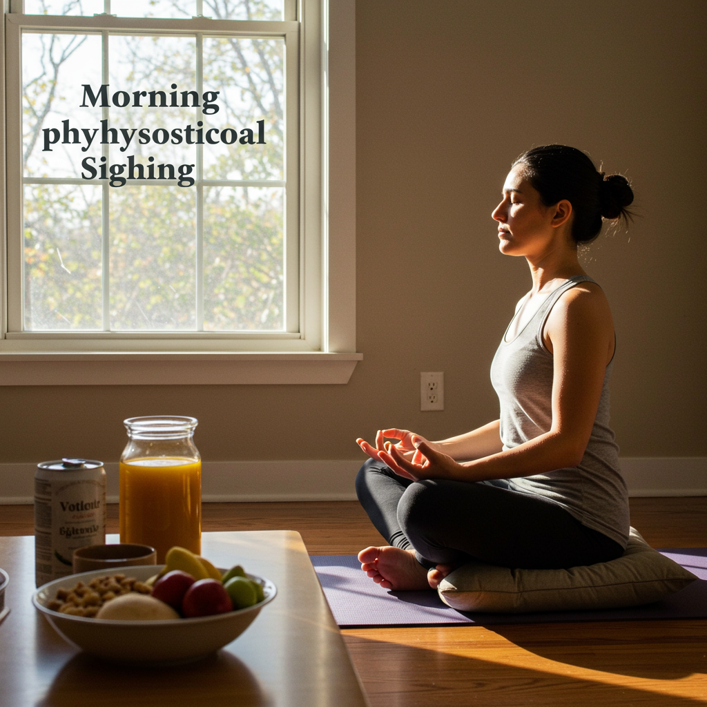 A warm, inviting home scene showing a person practicing morning physiological sighing near a window with natural light streaming in. On a nearby table is a healthy breakfast with protein and low-glycemic foods. The individual appears calm and centered, demonstrating deep breathing while sitting in a comfortable position on a yoga mat or cushion, embodying the morning routine described in the text.