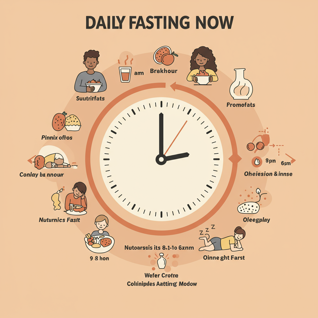 A warm, inviting infographic showing a daily clock face with a highlighted 8-10 hour eating window. The image shows a diverse group of people (different ages and ethnicities) enjoying a nutritious breakfast at 9am and finishing dinner by 6pm. Small icons indicate metabolic activities happening during the fasting period, with a person sleeping peacefully during the overnight fast.