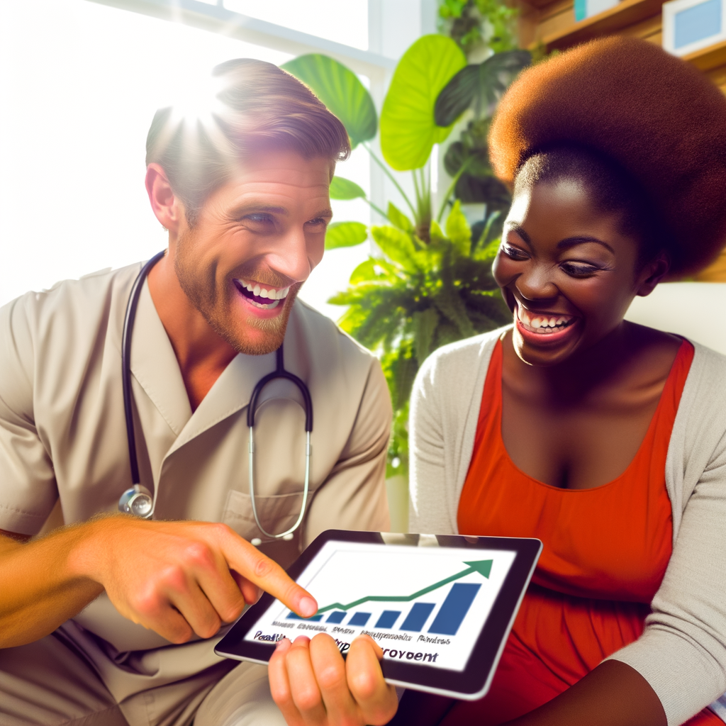 A positive, encouraging image of a healthcare provider sitting with a patient, reviewing progress charts that show improvement. Both individuals should be smiling and engaged in conversation, with the healthcare provider pointing to positive trends on a tablet or chart. The setting should be a warm, well-lit medical office with plants or other comforting elements visible.
