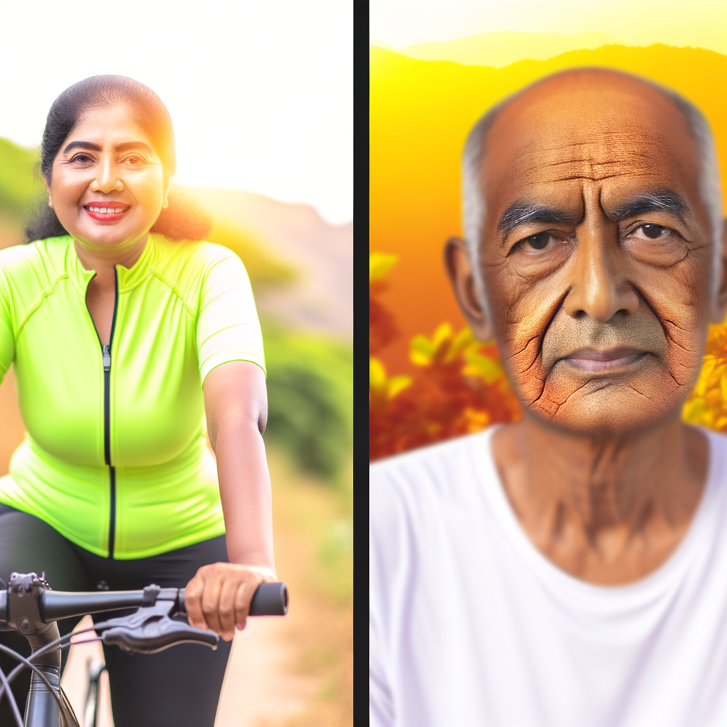 A split-screen image showing two adults in their 50s. On one side, a vibrant person with healthy skin enjoying outdoor activities, representing stable blood sugar. On the other side, someone showing visible signs of premature aging like wrinkled skin and less energy. The image should have a warm, educational tone rather than frightening.