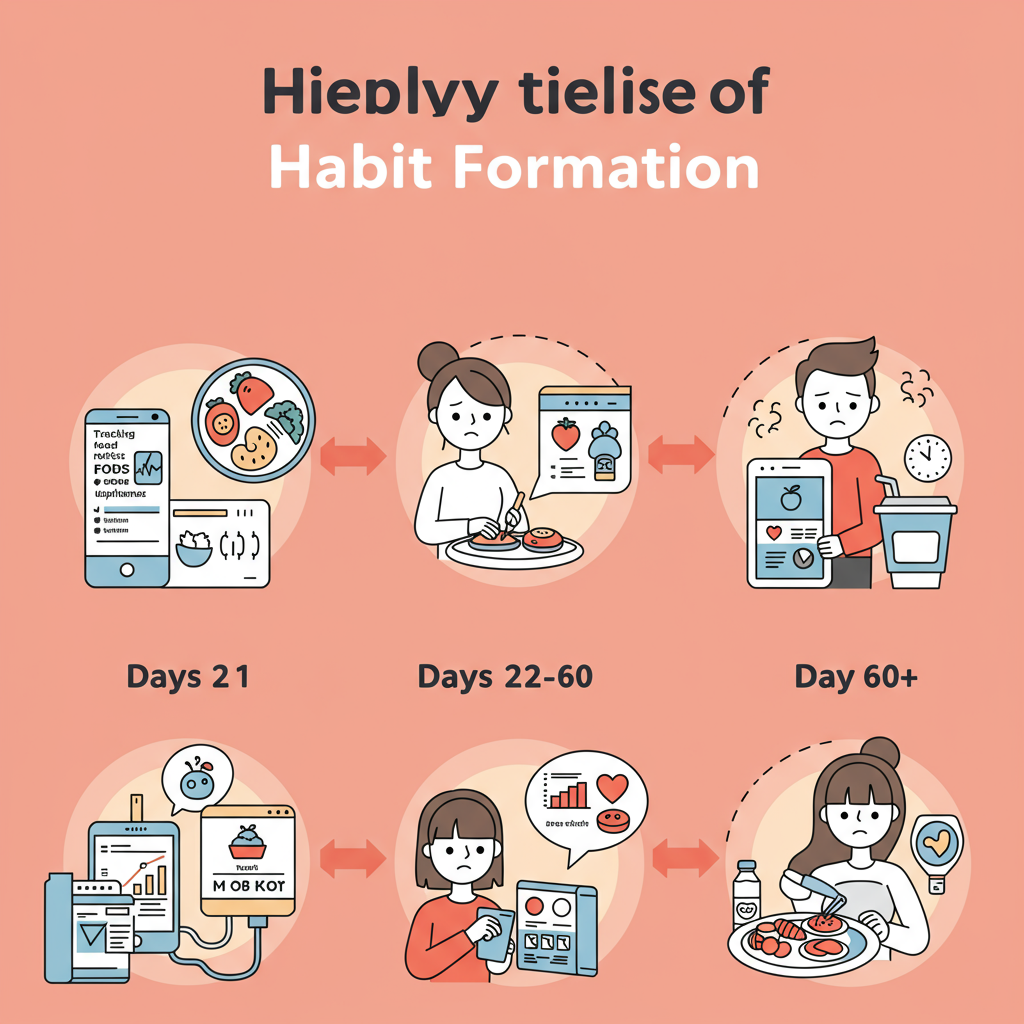 A friendly, encouraging timeline infographic showing the three phases of habit formation (Days 1-21, Days 22-60, and Day 60+).