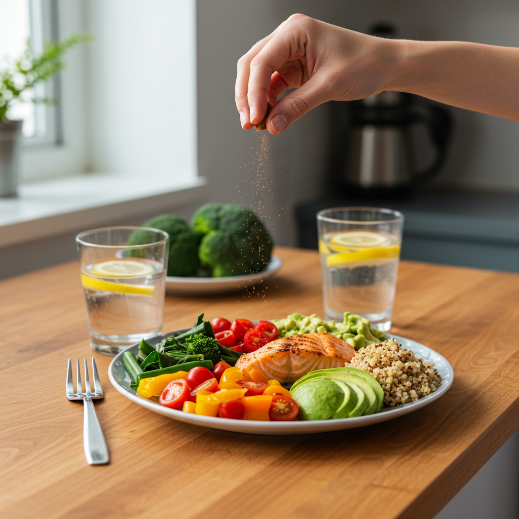 Healthy balanced meal with vegetables, protein and healthy fats