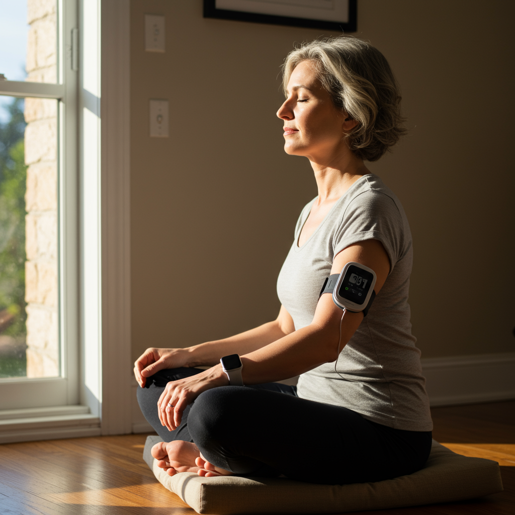 A serene woman in her 40s sitting in a comfortable meditation pose on a cushion by a sunlit window, eyes closed with a peaceful expression. Her continuous glucose monitor is visible on her arm, and a smartwatch that tracks stress levels is on her wrist. The warm morning light creates a calming atmosphere in the home setting.