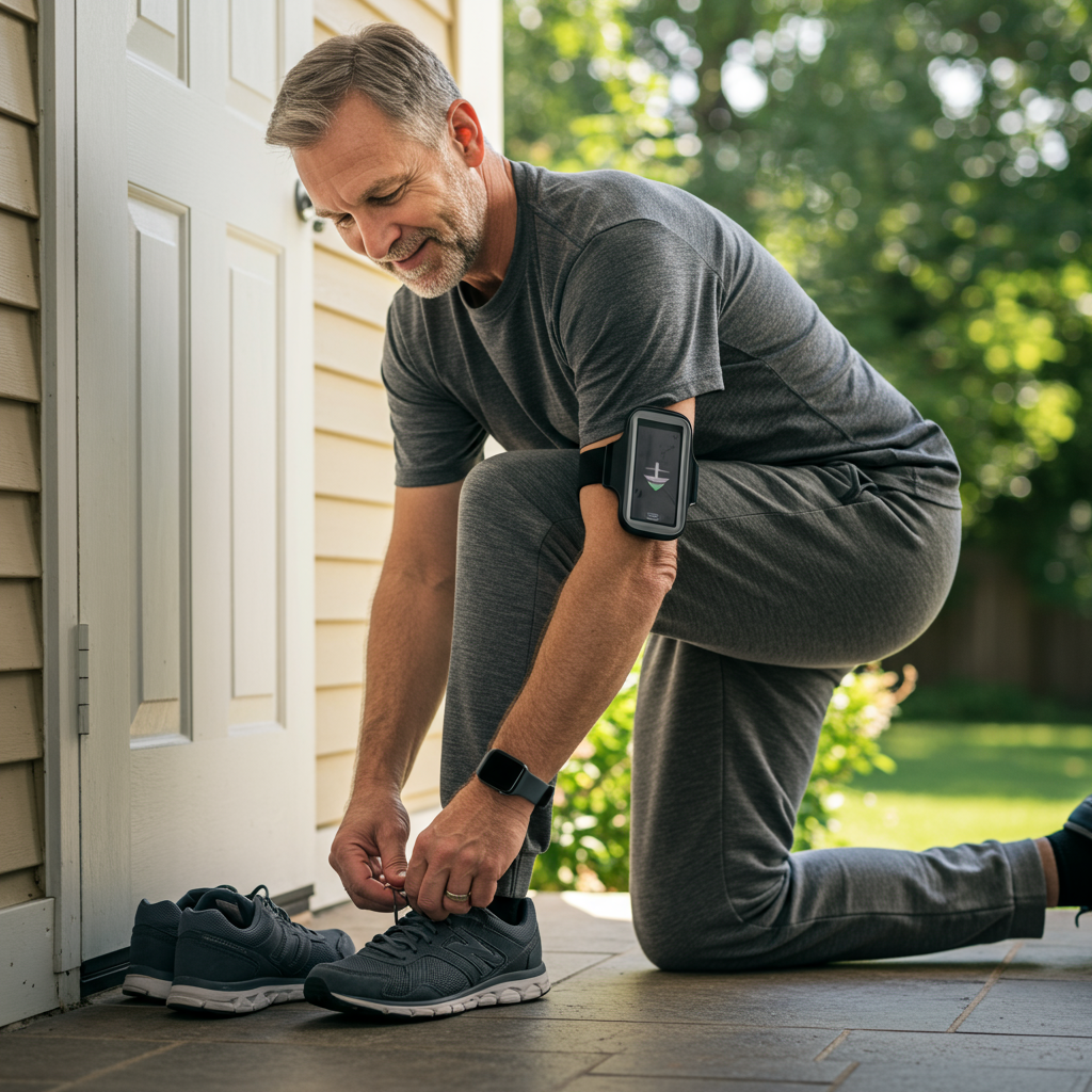 A middle-aged man in comfortable exercise clothes tying his walking shoes by the front door where they're visibly placed as a cue. A small tracking device or fitness watch is on his wrist, and he has a subtle smile suggesting anticipation of his routine. The scene is bathed in morning light, creating a warm and inviting atmosphere that illustrates the habit loop concept mentioned in the text.