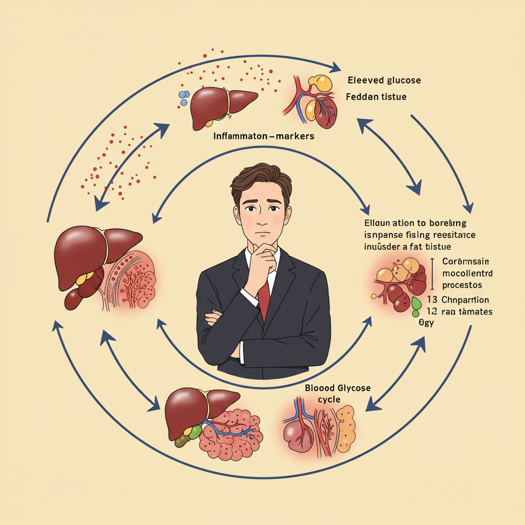A circular diagram showing the inflammatory-metabolic feedback loop