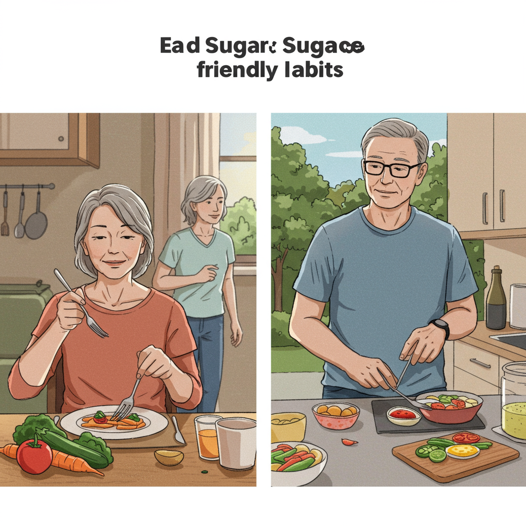 A sequence of three connected images showing a middle-aged couple implementing blood sugar-friendly habits: in the first panel, they're eating vegetables first from their meal while seated at dinner; in the second, they're taking a casual evening walk around their neighborhood after their meal; and in the third, they're preparing tomorrow's lunch together in the kitchen, incorporating the food swaps mentioned in the article. The images convey a sense of partnership, achievability, and integration of these habits into everyday life.