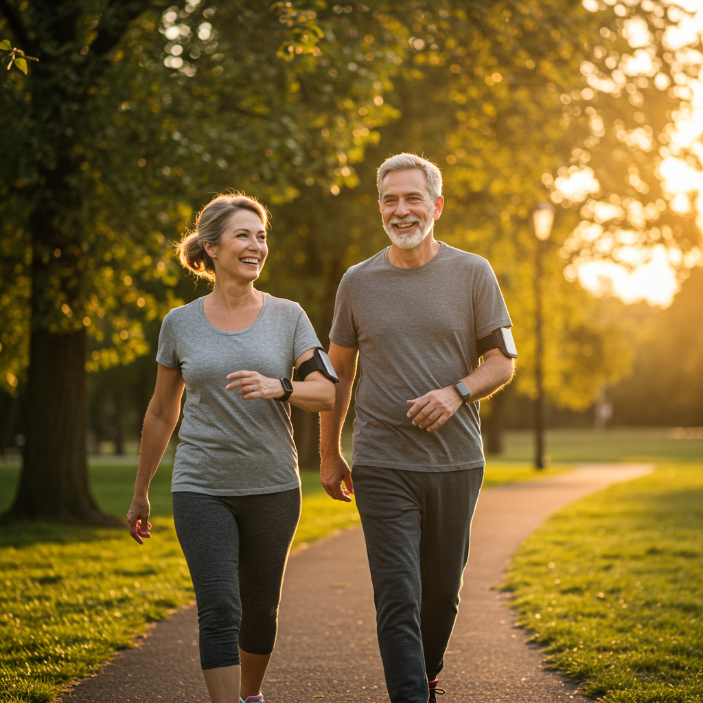 A positive lifestyle image showing an active middle-aged couple (40s-50s) enjoying an after-dinner walk in a park during golden hour sunset. They should be smiling, dressed in casual comfortable clothing, perhaps one wearing a visible fitness tracker or CGM on their arm. The setting should include nature elements like trees and a walking path, conveying the message that managing blood sugar can be part of a joyful, connected lifestyle rather than a medical burden. The warm lighting should create an optimistic mood that reinforces the article's empowering message.